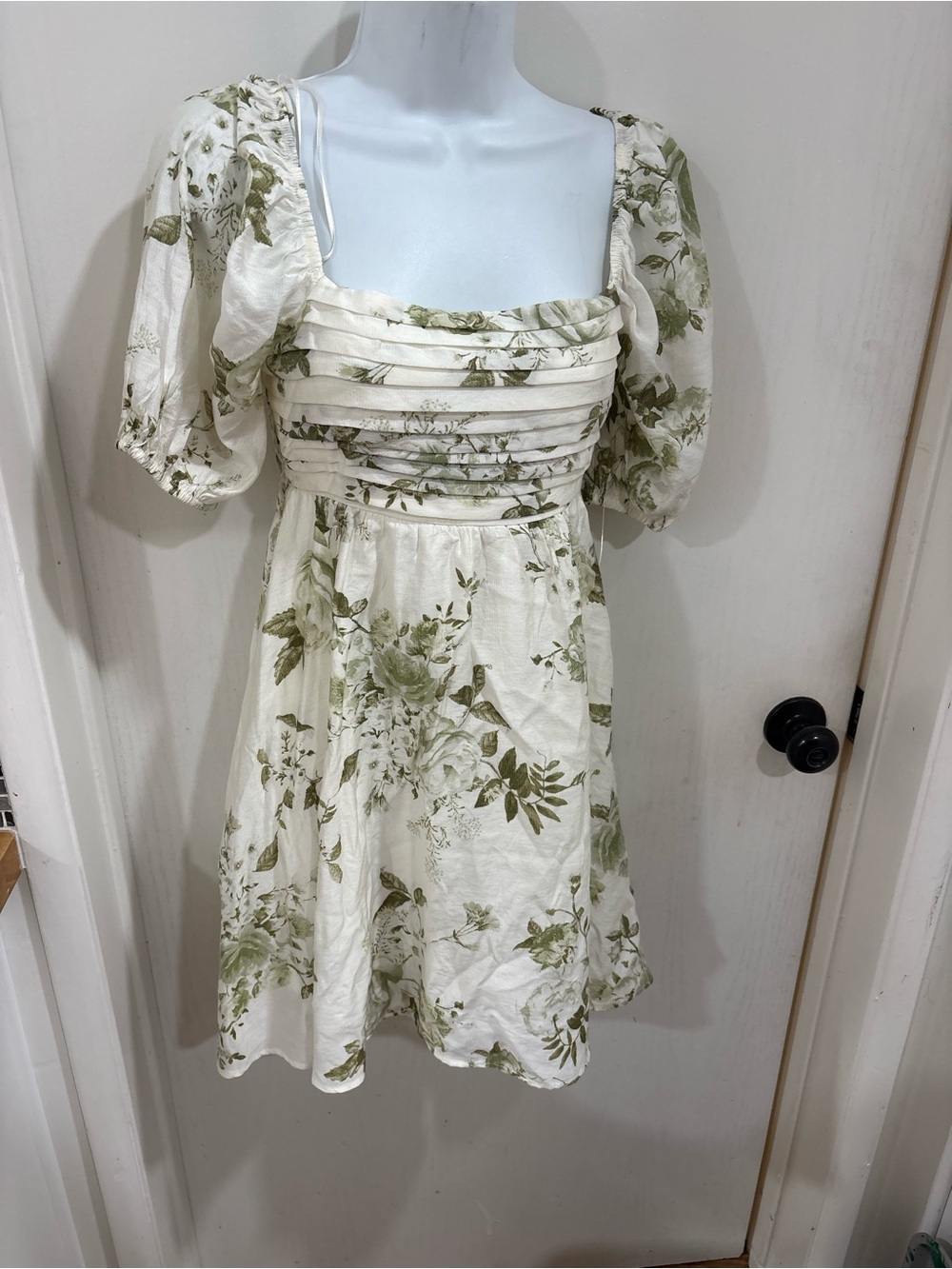 Floral Cottagecore babydoll Puff Sleeve Square Neck Dress in Cream and Olive